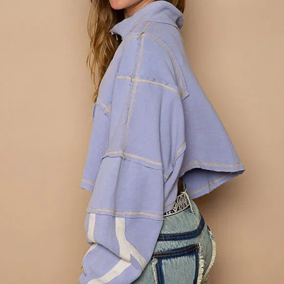 POL Half-Zip Cropped Oversized Pullover- Evening Blue - Picture 2 of 4